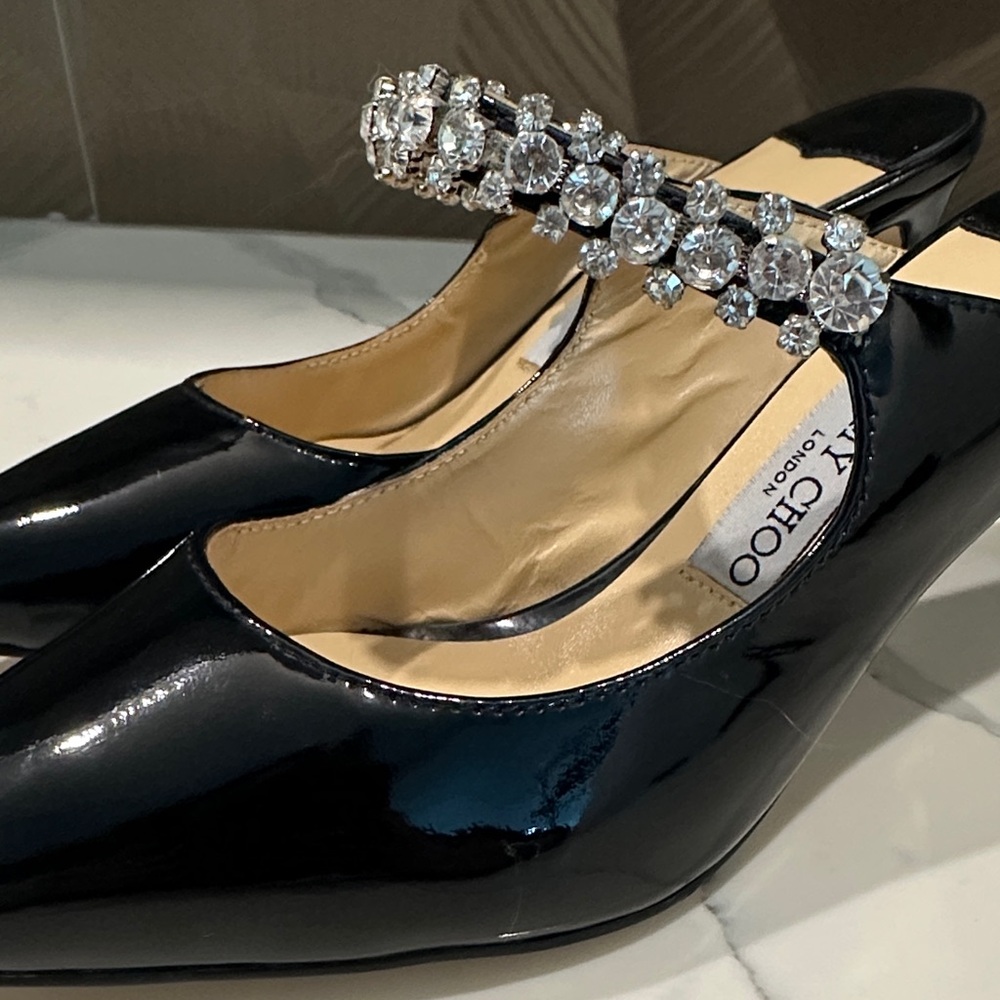 Jimmy Choo Black Patent Leather Mules with Crystal Straps - Picture 5 of 9
